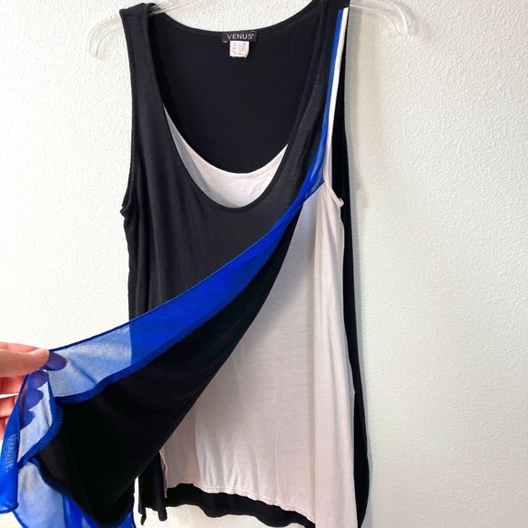 Flowy layered tank top, black, blue & white, Venus size L - Picture 1 of 10